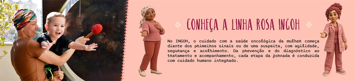 Ilustração da Linha Rosa INGOH com paciente e profissional de saúde apresentando a linha de cuidado